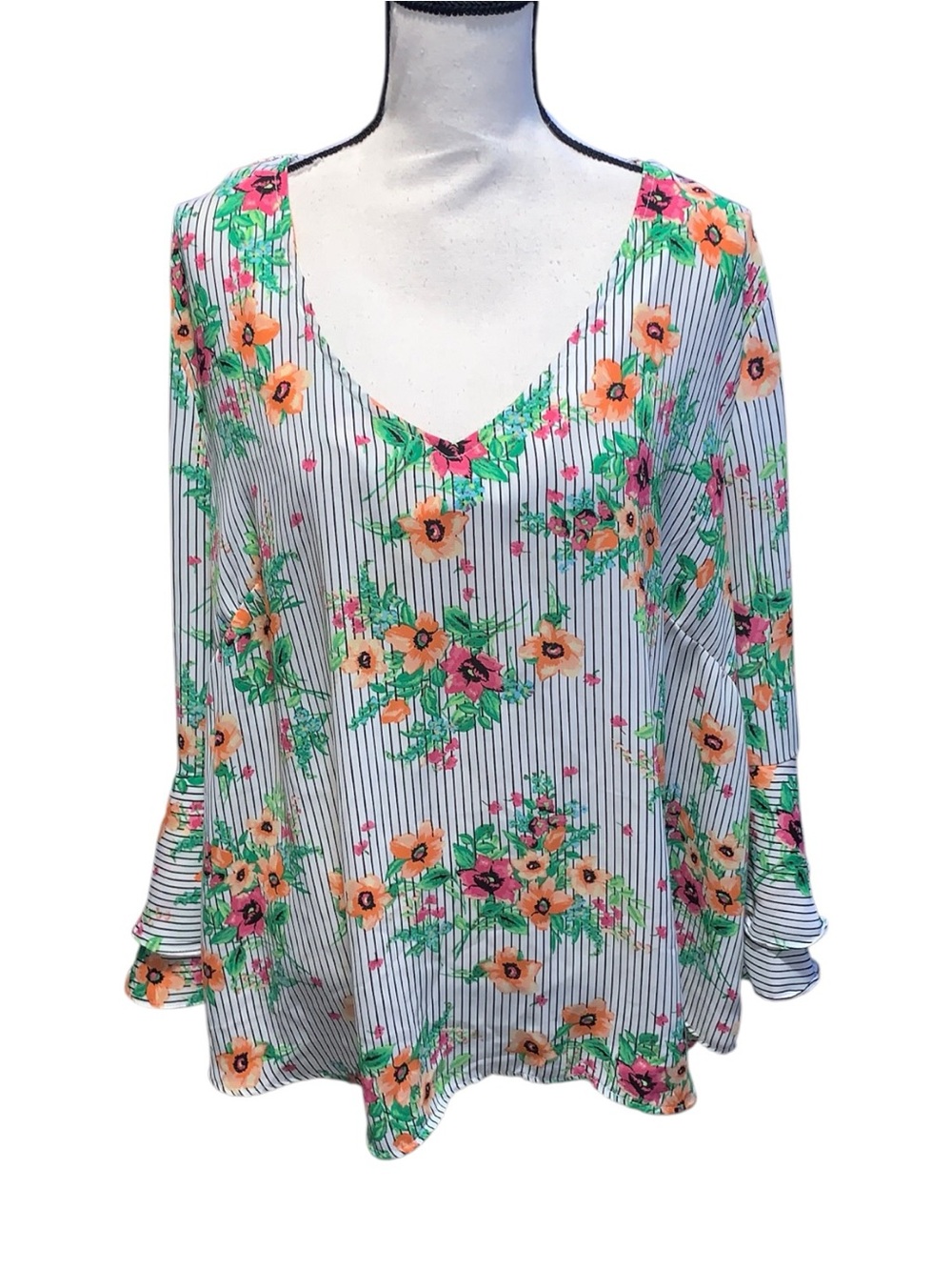 Harlow & Rose Crepe Georgette Floral Blouse Stripes Ruffle Sleeves